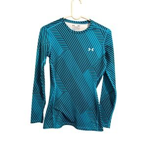 Under Armour ColdGear Top Womens Small Blue Black Striped Fitted Long Sleeve